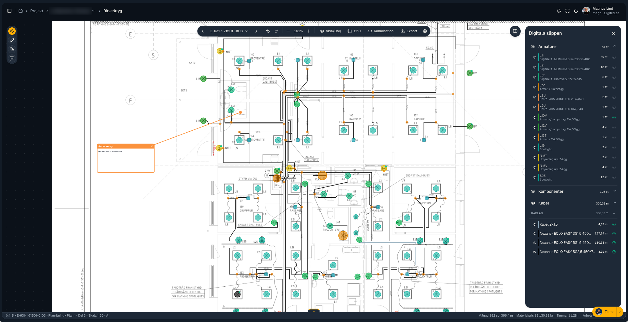 Actual Stiimo interface showing an electrical drawing, coloured markings and quantity review in dark mode.