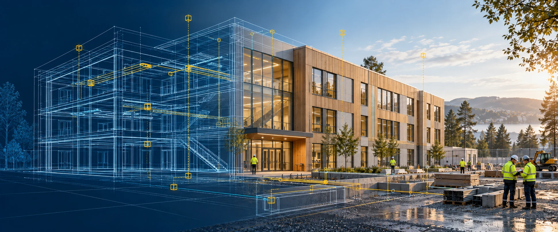 En nordisk skolbyggnad som övergår från digital ritningsmodell till färdigt byggprojekt