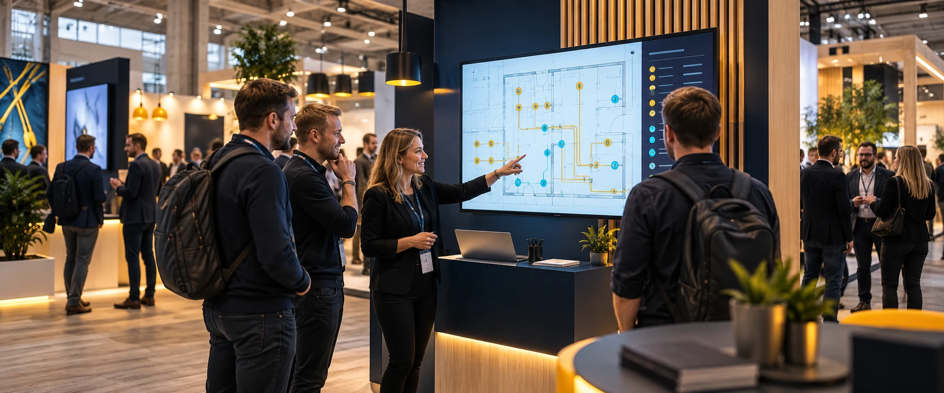 Besökare som ser digital mängdning av en elritning i en modern mässmonter