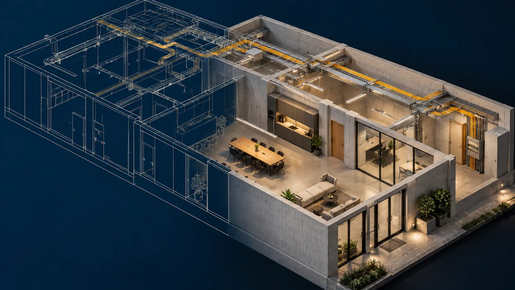 Architectural illustration combining drawing lines with a building and visible electrical installations.